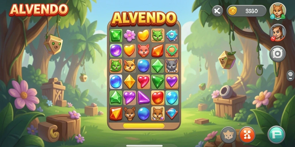 Tangkapan layar gameplay ALVENDO yang menunjukkan serunya permainan Match-3.