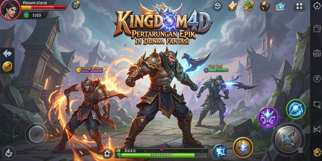 Tampilan screenshot KINGDOM4D memperlihatkan pertarungan antarkarakter yang epik.