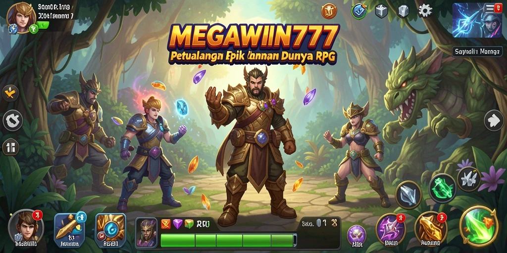 Screenshot MEGAWIN777 menampilkan karakter sedang bertarung melawan monster di dunia fantasi.